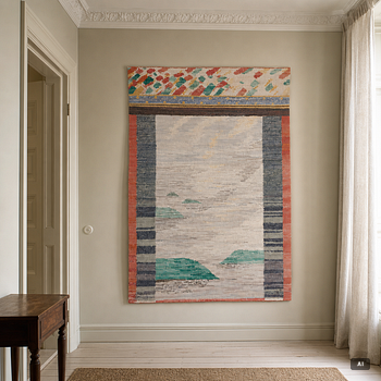 Susanne Henriques, vävnad, trasteknik, signerad SH -90, ca 163 x 118 cm.