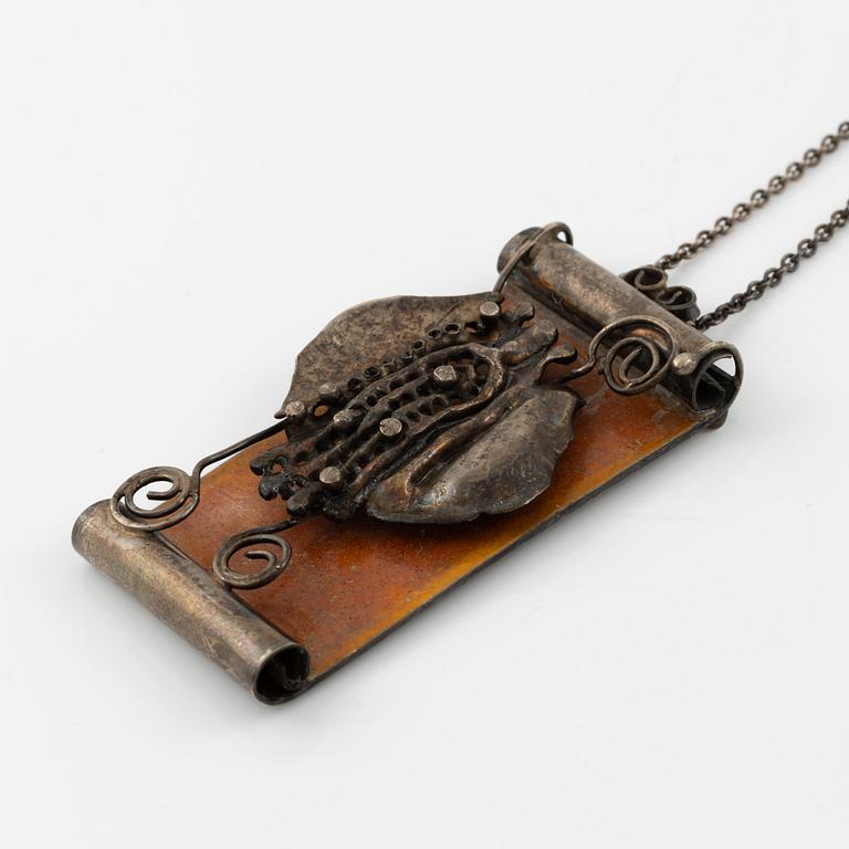Lars Arrhenius, three pendants and a pair of earrings, sterling silver and enamel, Gothenburg, among others, 1969 and 1972.