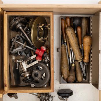 Watchmaking tools and spare parts, including a lathe by Lorch.