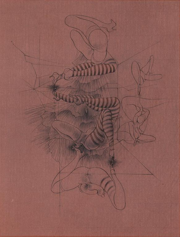 HANS BELLMER, etching on coloured paper, 1967, signed in pencil and numbered XIV/XXVI.