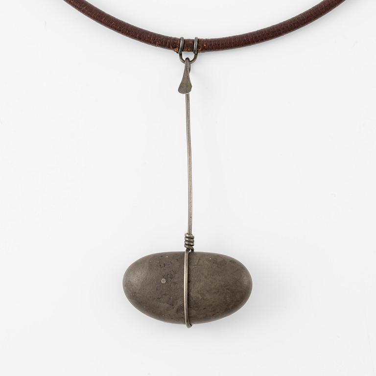 Vivianna Torun Bülow-Hübe, a necklace, silver with leather and a natural stone, excecuted in her own studio, most likely 1950's.