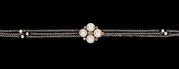 NECKLACE, three rows with small pearls and clasp with small diamonds and cultured pearls.