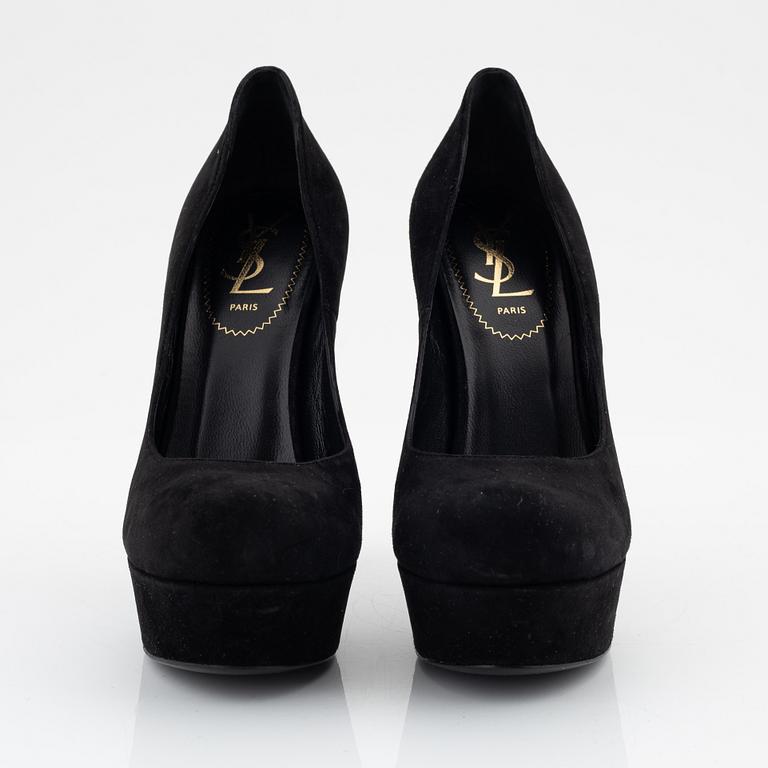 Yves Saint Laurent, a pair of black suede platform pumps, size 36 1/2.