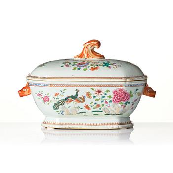 A famille rose 'double peacock' tureen with cover and stand, Qing dynasty, Qianlong (1736-95).