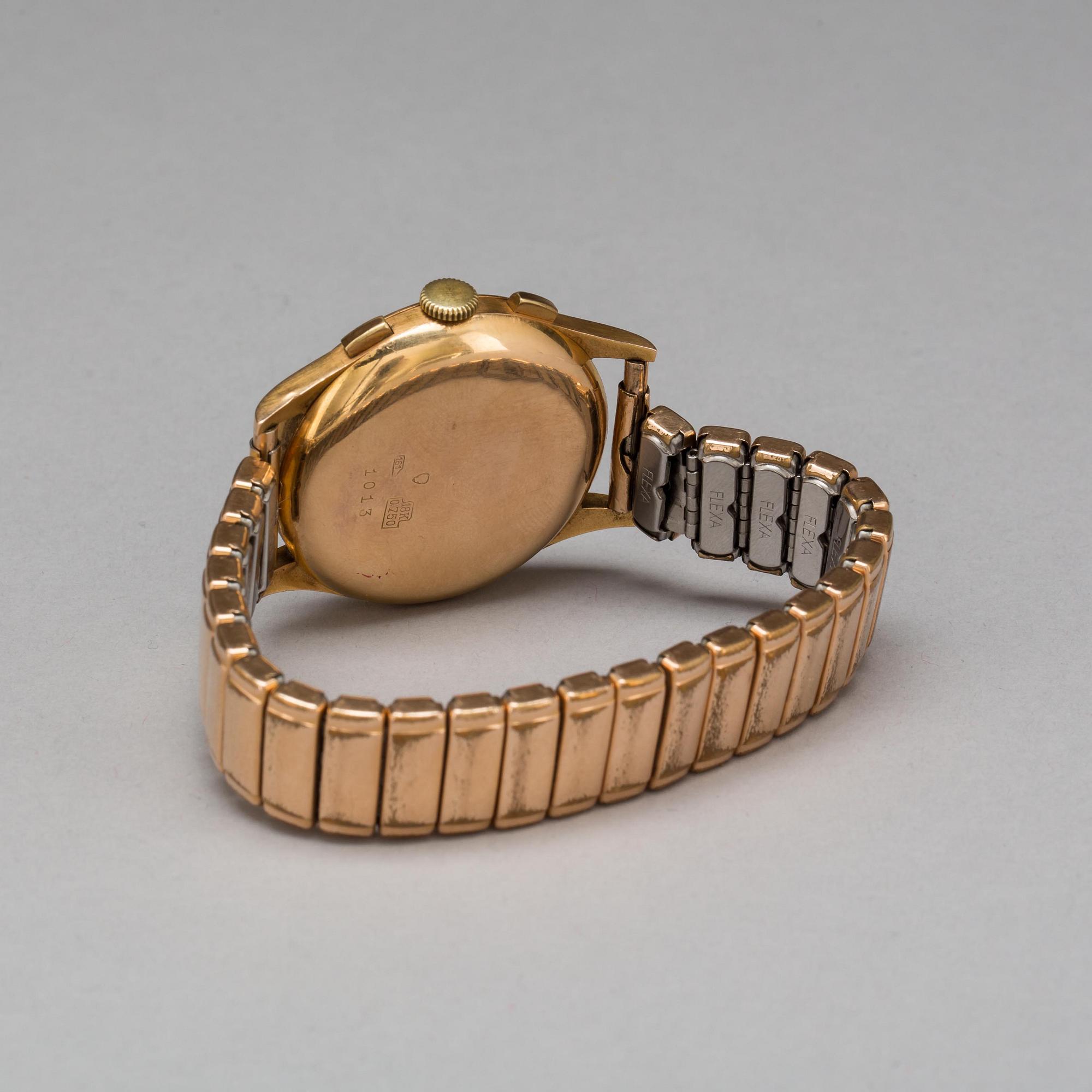 ARMBANDUR, herr, chronograph, Swiss, 17 jewels, antimagnetic. 18k guld.