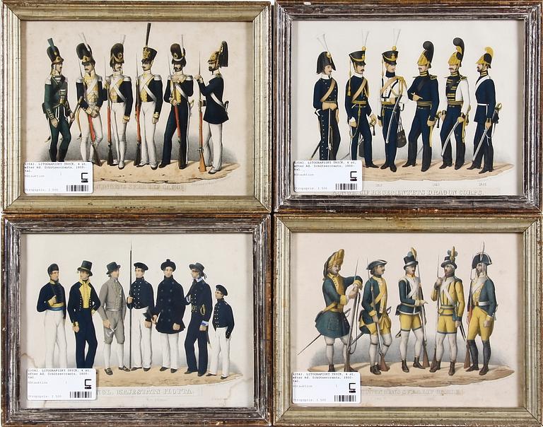 LITOGRAFISKT TRYCK, 4 st, efter Ad. Schützercrantz, 1800-tal.