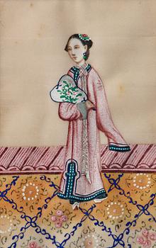 AKVARELLER på rispapper, fyra stycken. Qingdynastin, 1800-tal.