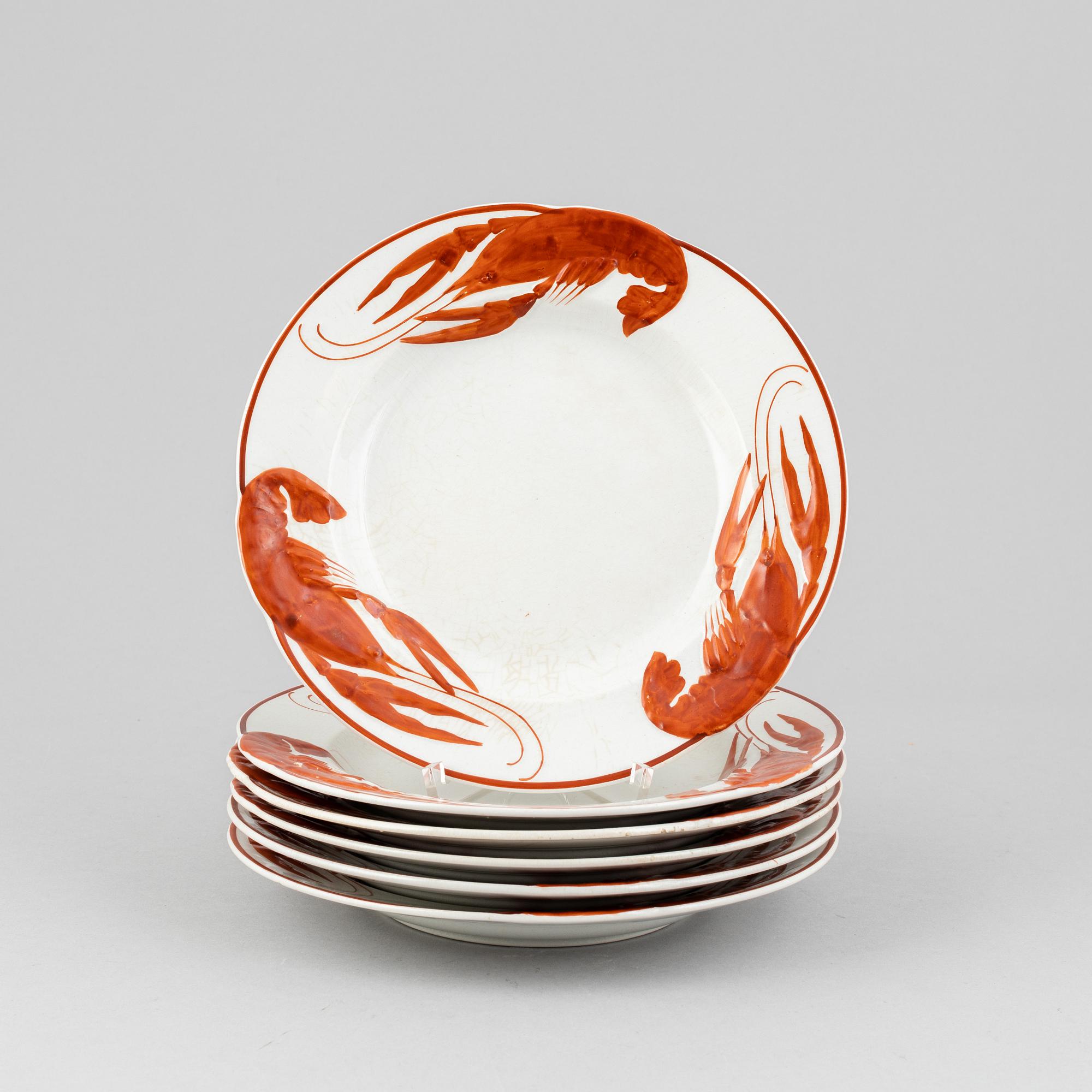 Alf Wallander, kräftassietter, 6 st, flintgods, Rörstrand, tidigt 1900-tal.