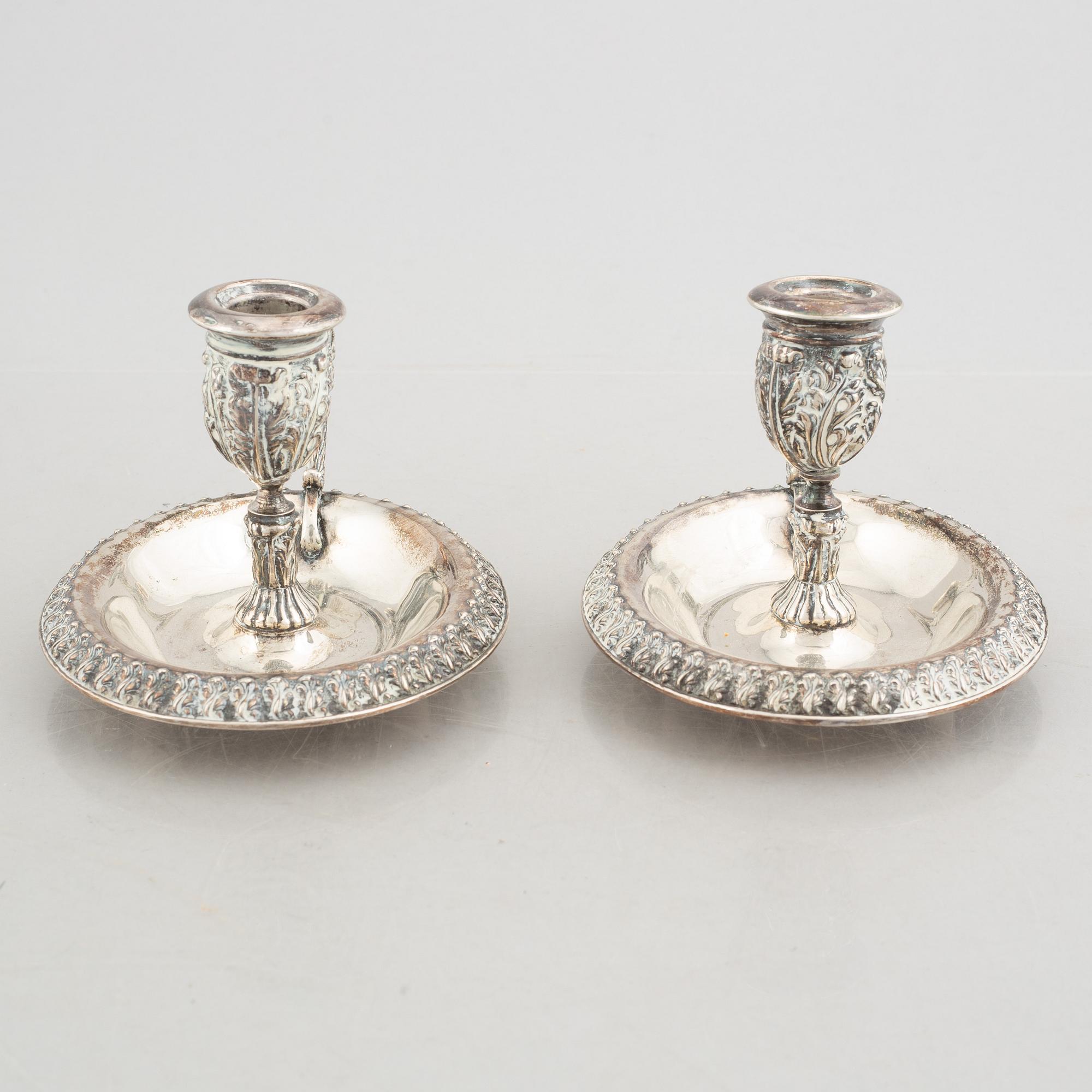 Nattljusstakar, ett par, silver, troligtvis omkring åt 1900/1900-talets första hälft.