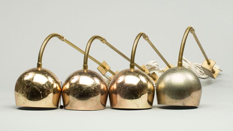 VÄGGLAMPOR, 4 st, mässing. Märkt "AJH", 1900-talets andra hälft.