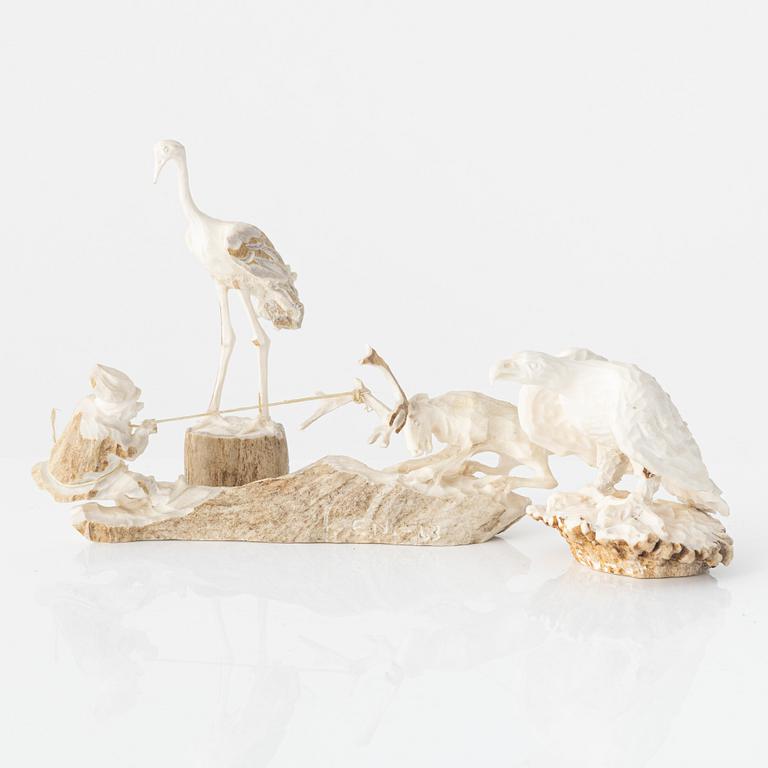 Erik Norberg, figurines, 3 pcs, reindeer antler, signed EN and dated -63, -67, and -69 respectively.