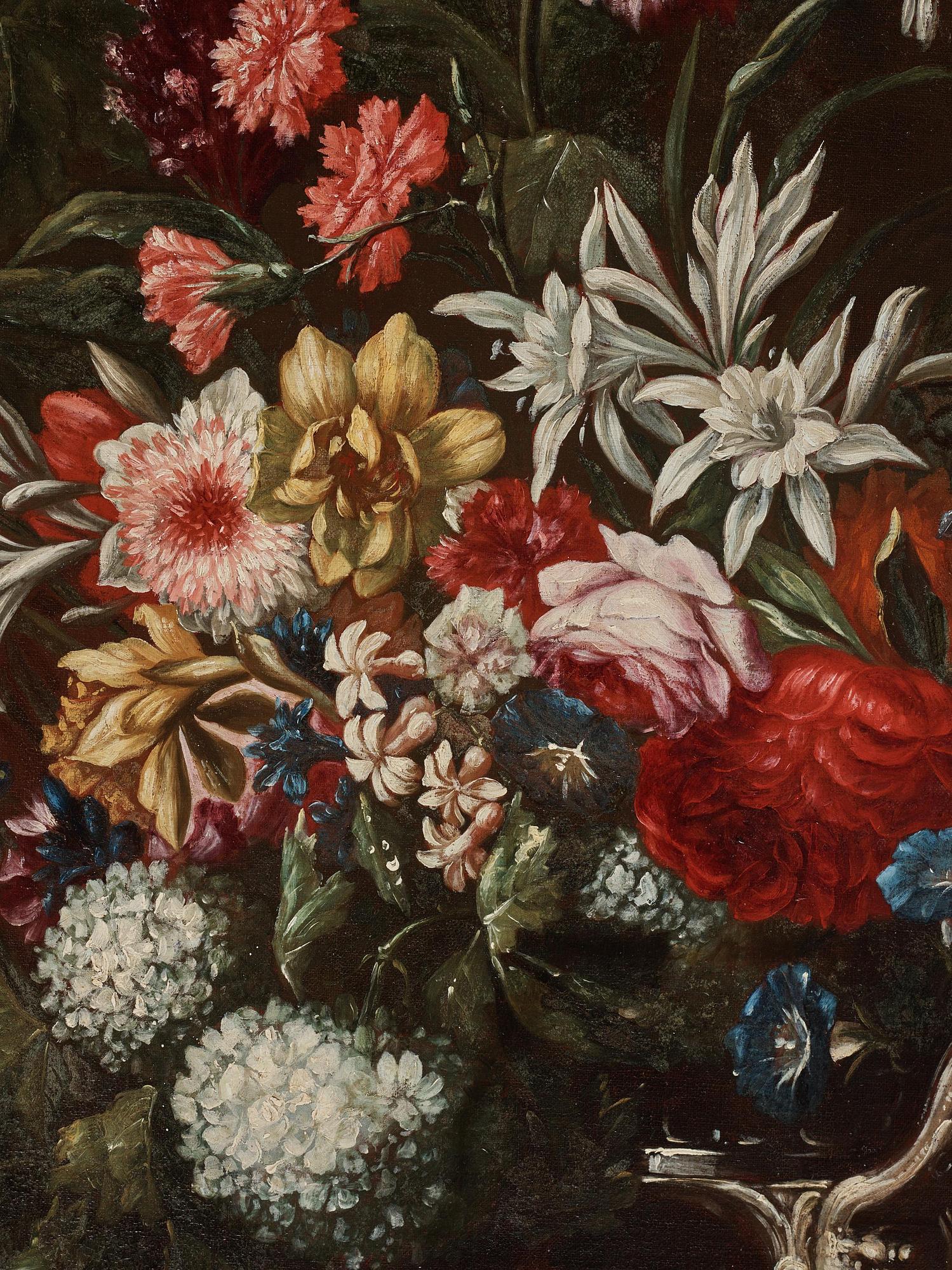 Franz Werner von Tamm & Carlo Maratti, attributed to, Still life with flowers, grapes, and a woman in a landscape.