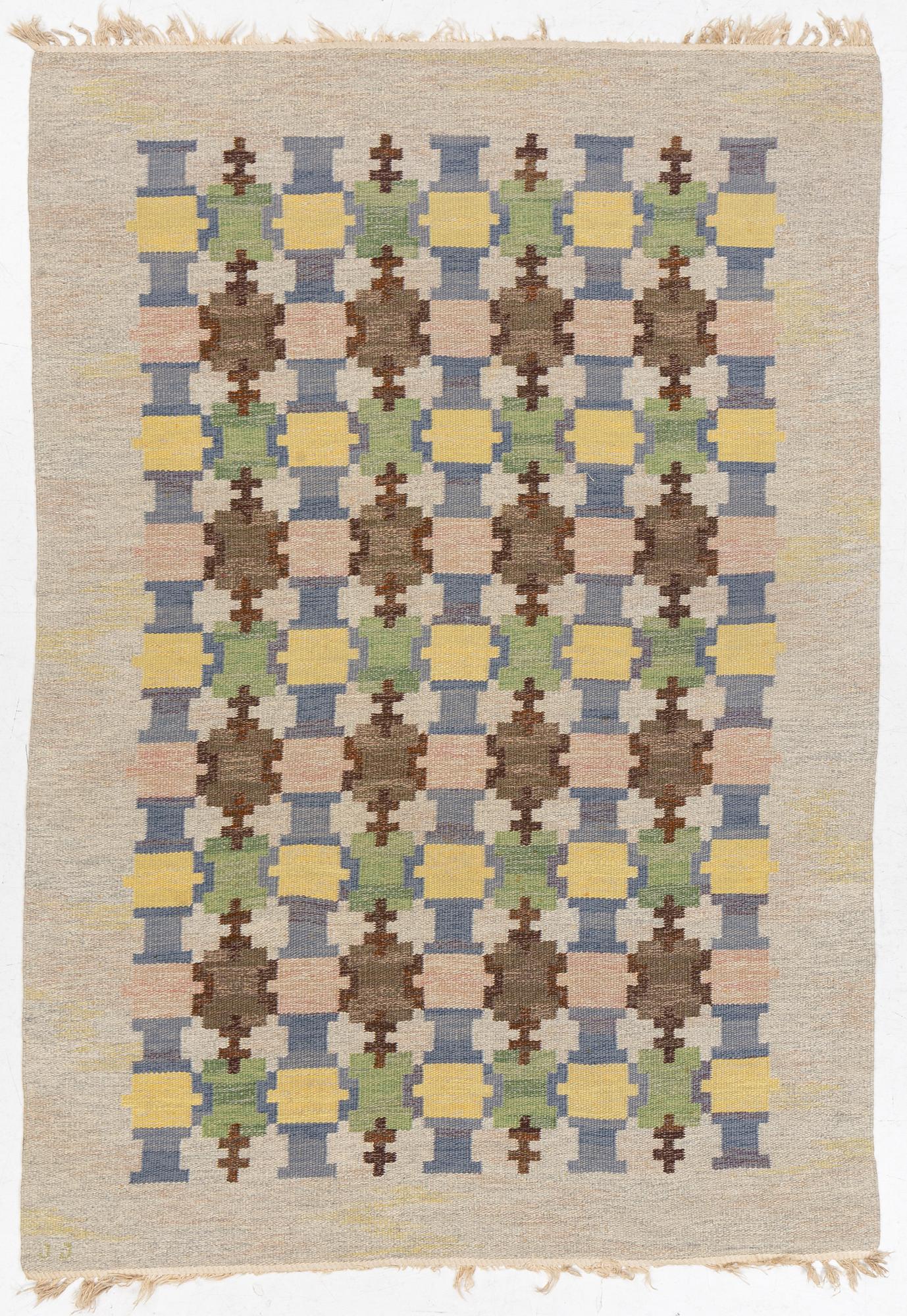 Judith Johansson a carpet, "Höstkastanj", flat weave, c. 242 x 167 cm, signed JJ.