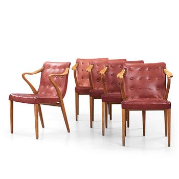 Axel Larsson, a set of five Swedish Modern beech and red leather chairs, Svenska Möbelfabrikerna Bodafors, Sweden 1961.