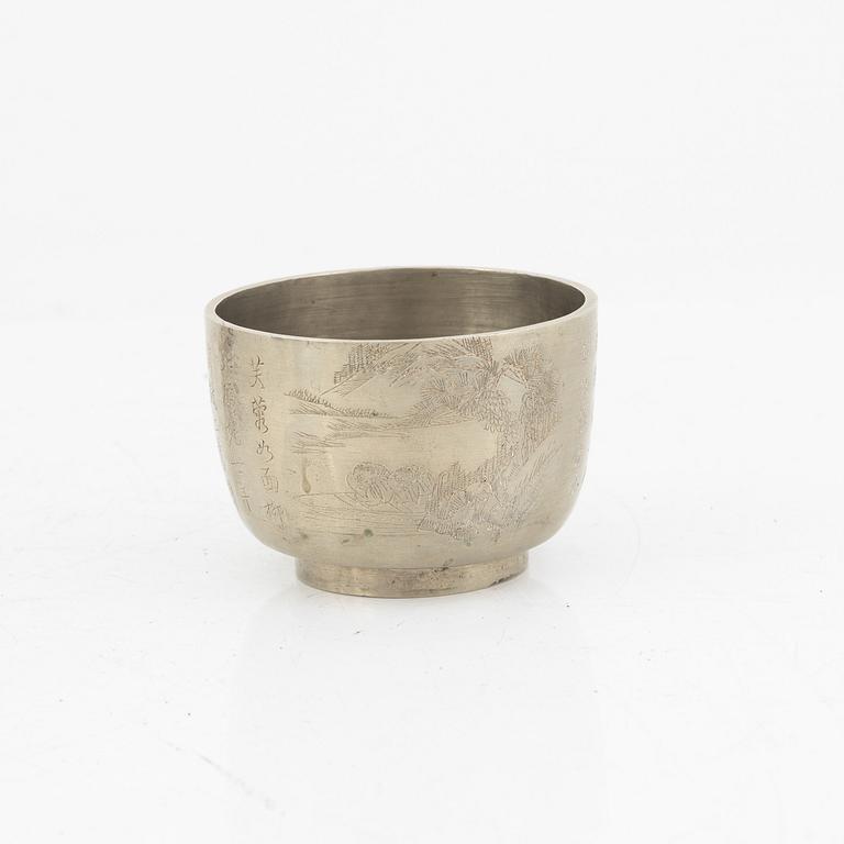 A stone placque and a metal cup, late Qing dynasty.