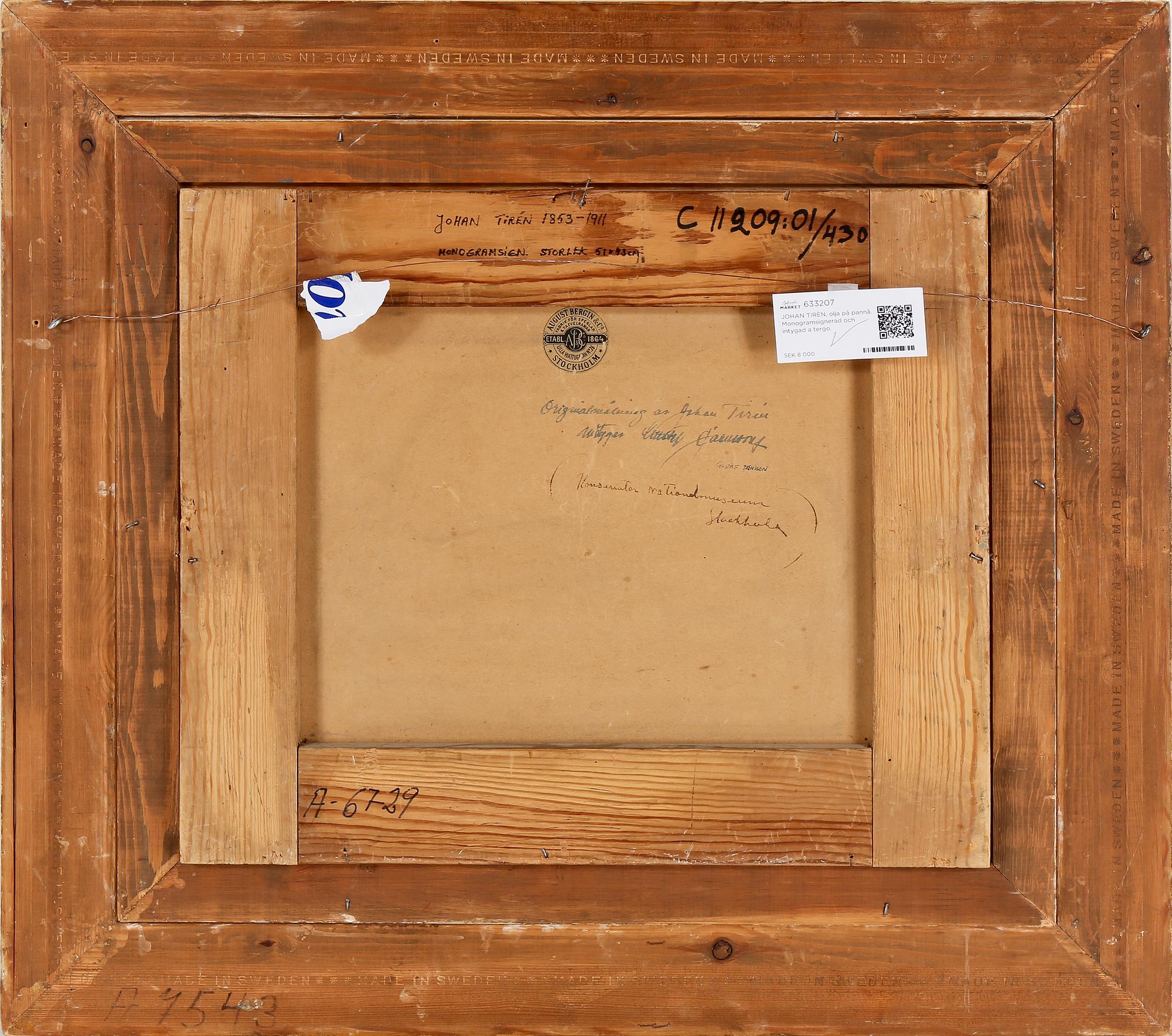 JOHAN TIRÈN, olja på papppannå, monogramsignerad och intygad a tergo.