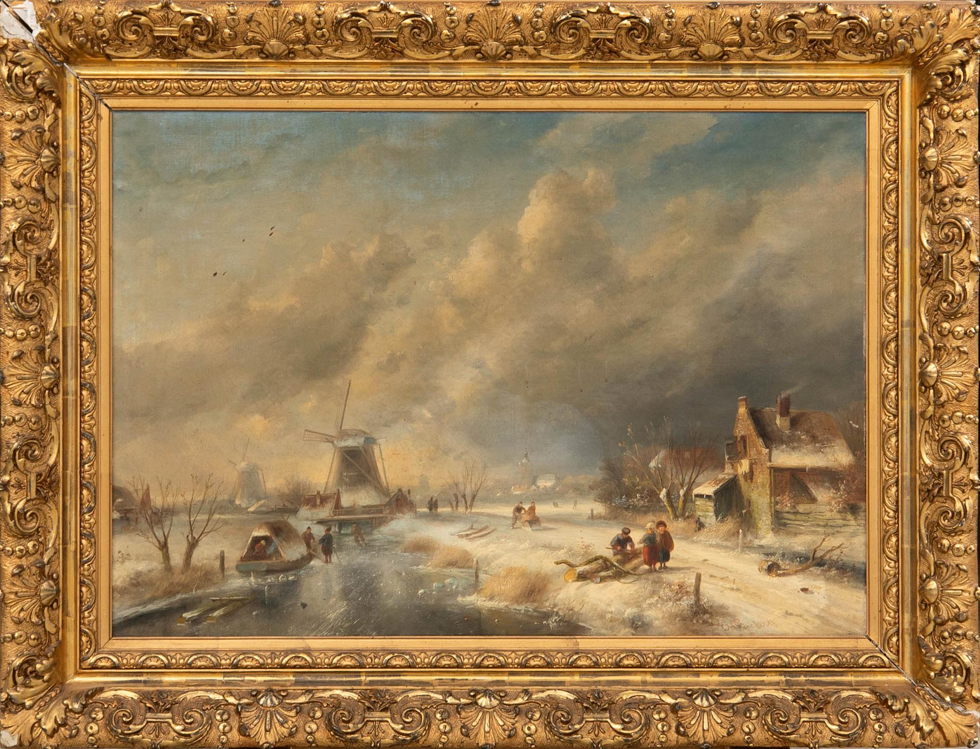 Winter scene with windmills.