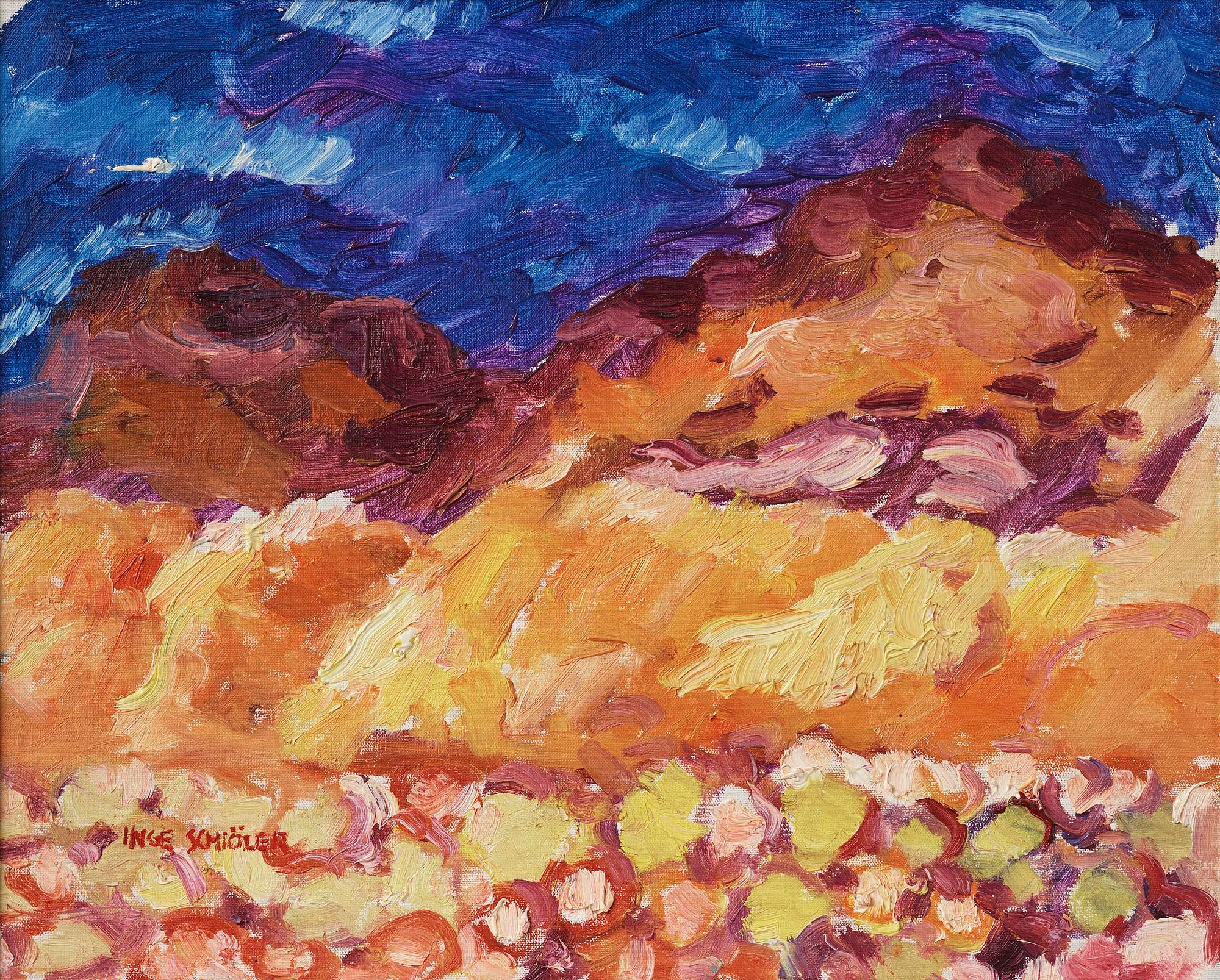 Inge Schiöler, Landscape under a dark blue sky.