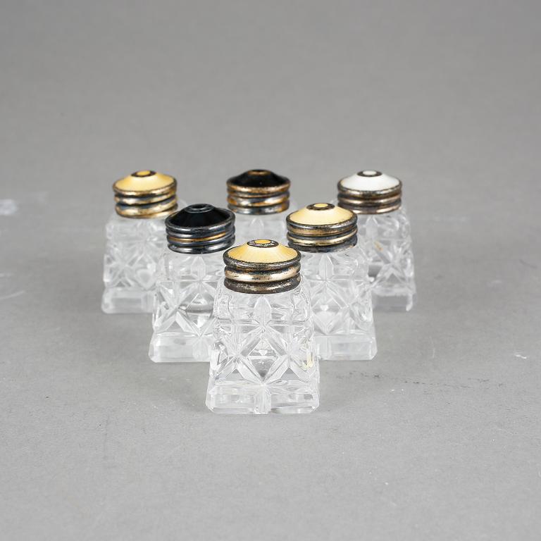 STRÖARE, 6 stycken, glas och emaljerat sterlingsilver, Norge, 1900-talets mitt.