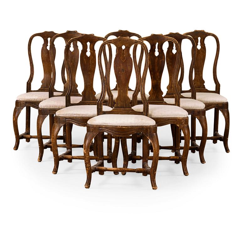 Eight Swedish Rococo 18th century chairs.