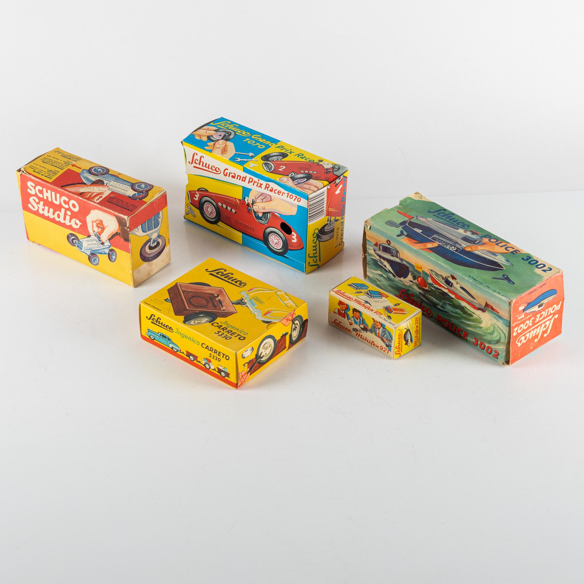 Schuco, 5 pieces, including "Studio", "Grand Prix Racer", "Mikifex", Germany, mid-20th century.