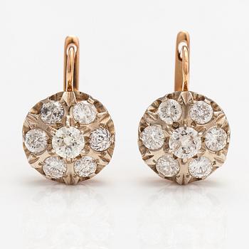 A pair of 14K gold earrings with diamonds ca. 3.40 ct in total. Soviet union.