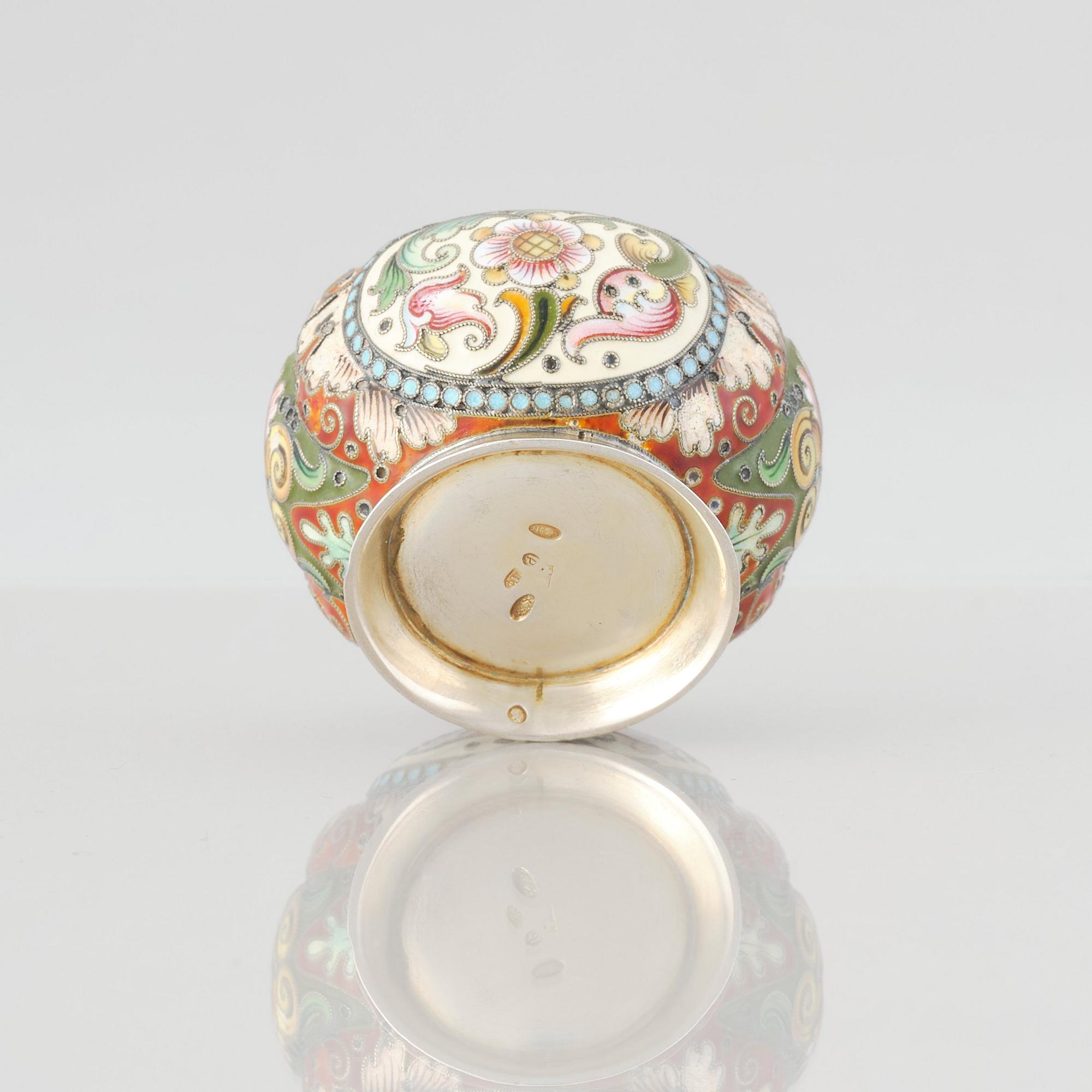 A Russian early 20th Century silver-gilt and enamel salt cellar. Assayer's mark Ivan Lebedkin.