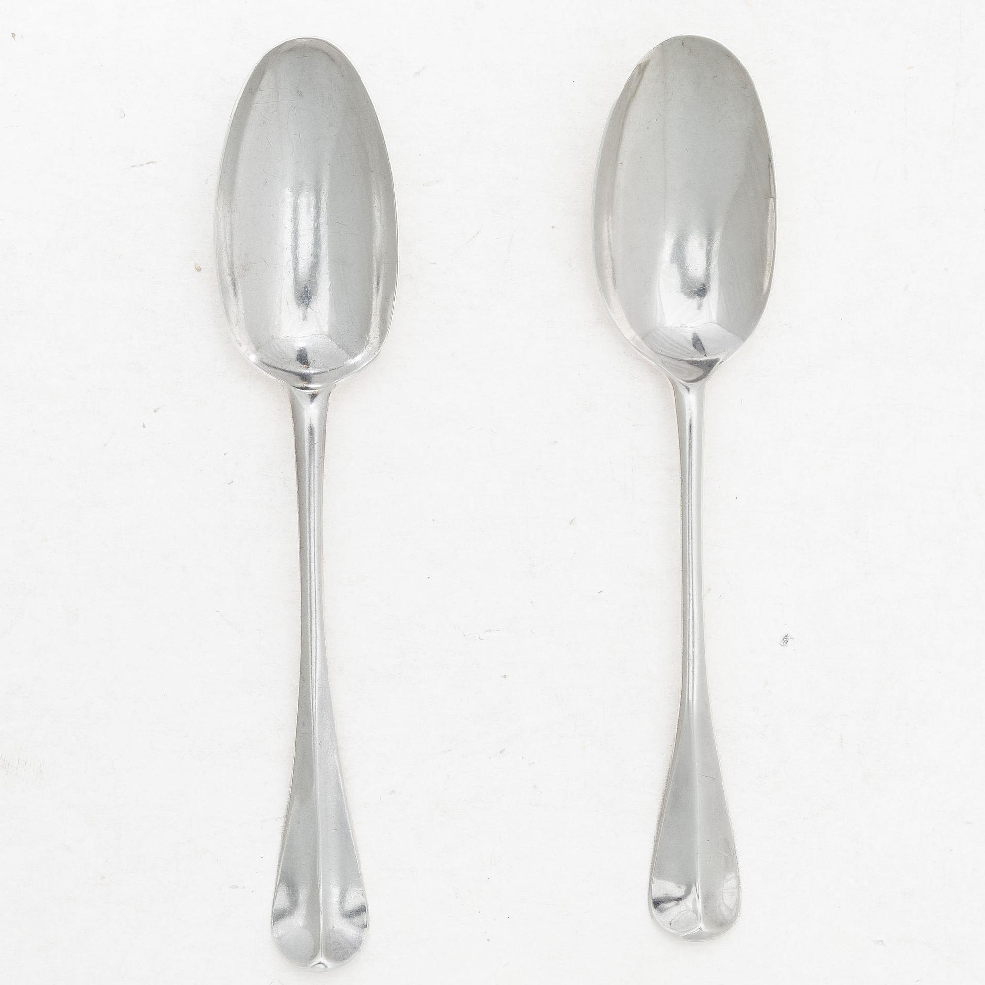 Two silver rat-tail spoons, one with mark of Edward Bennett I, London, circa 1730.