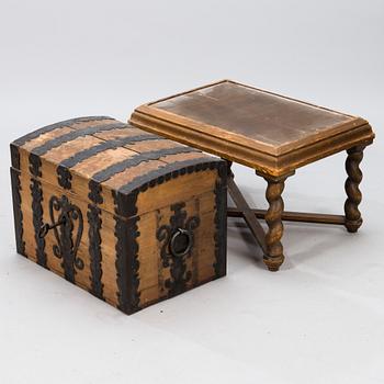 A oak baroque chest on a later leg frame.