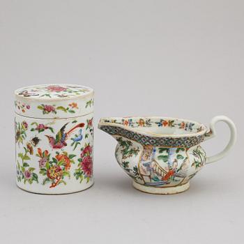 A group of three famille rose dish, jug and jar with cover, Qing dynasty, late 19th century.