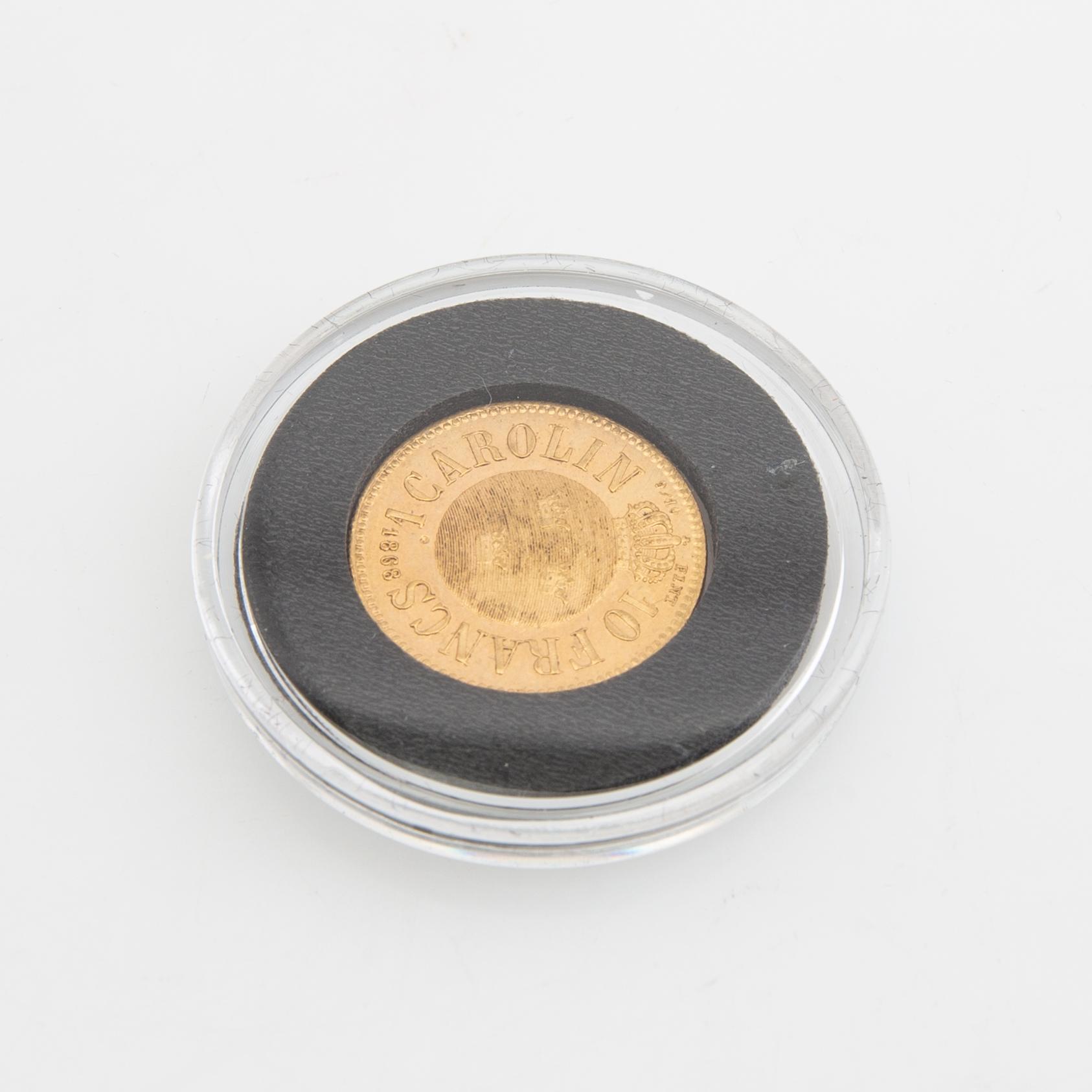 Guldmynt Sverige, Karl XV 1 Carolin 20 Francs, 1868.