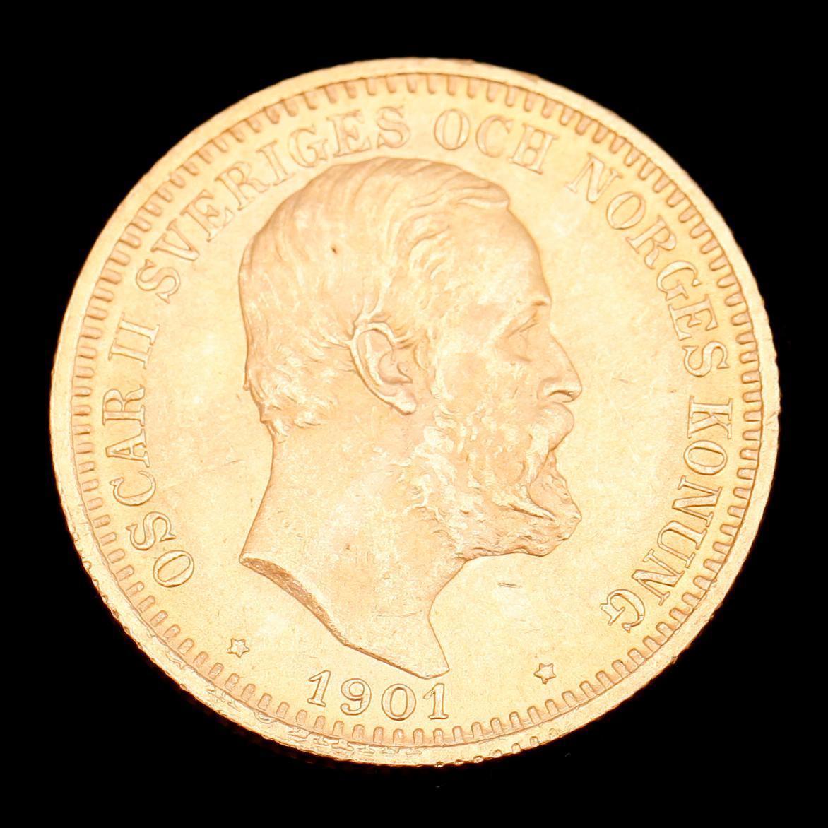 GULDMYNT, 20 kr, Oscar II, 1901. Vikt ca 9 g.