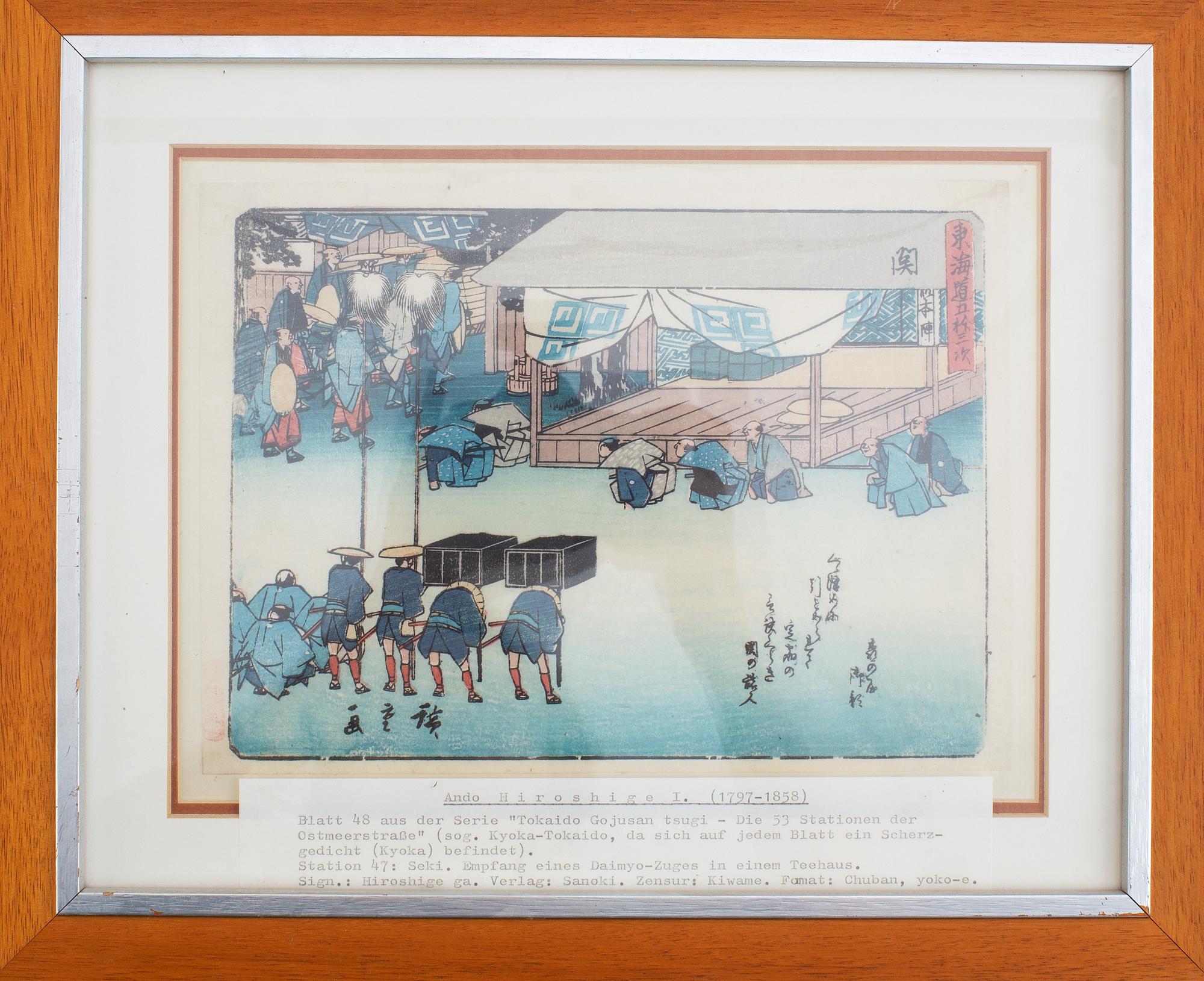 Five coloured woodblock prints, including after Hiroshige, Japan, 19th/20th century.