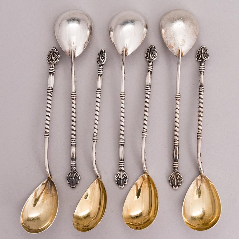 A Russian silver teaglass holder and seven teaspoons, Moscow and Kiev, first half and mid-20th Century.