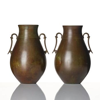 Guldsmedsaktiebolaget (GAB), a pair of Swedish Grace bronze vases, probably designed by Jacob Ängman.