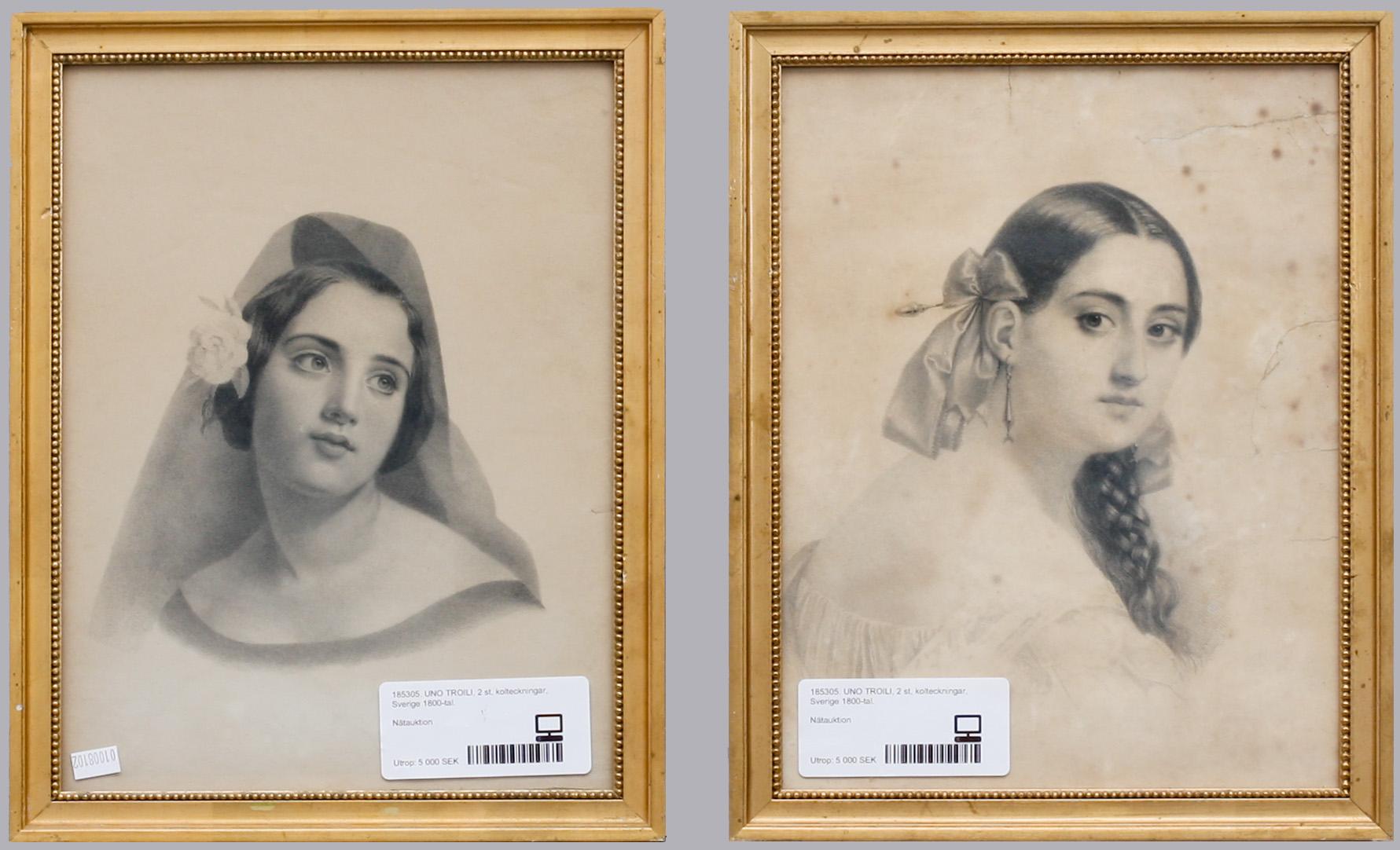 UNO TROILI, kolteckningar, 2 st, 1800-tal.