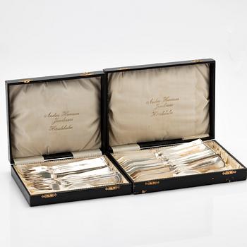 Jacob Ängman, fiskbestick, 24 delar, silver, modell Rosenholm, GAB, Stockholm, 1936.