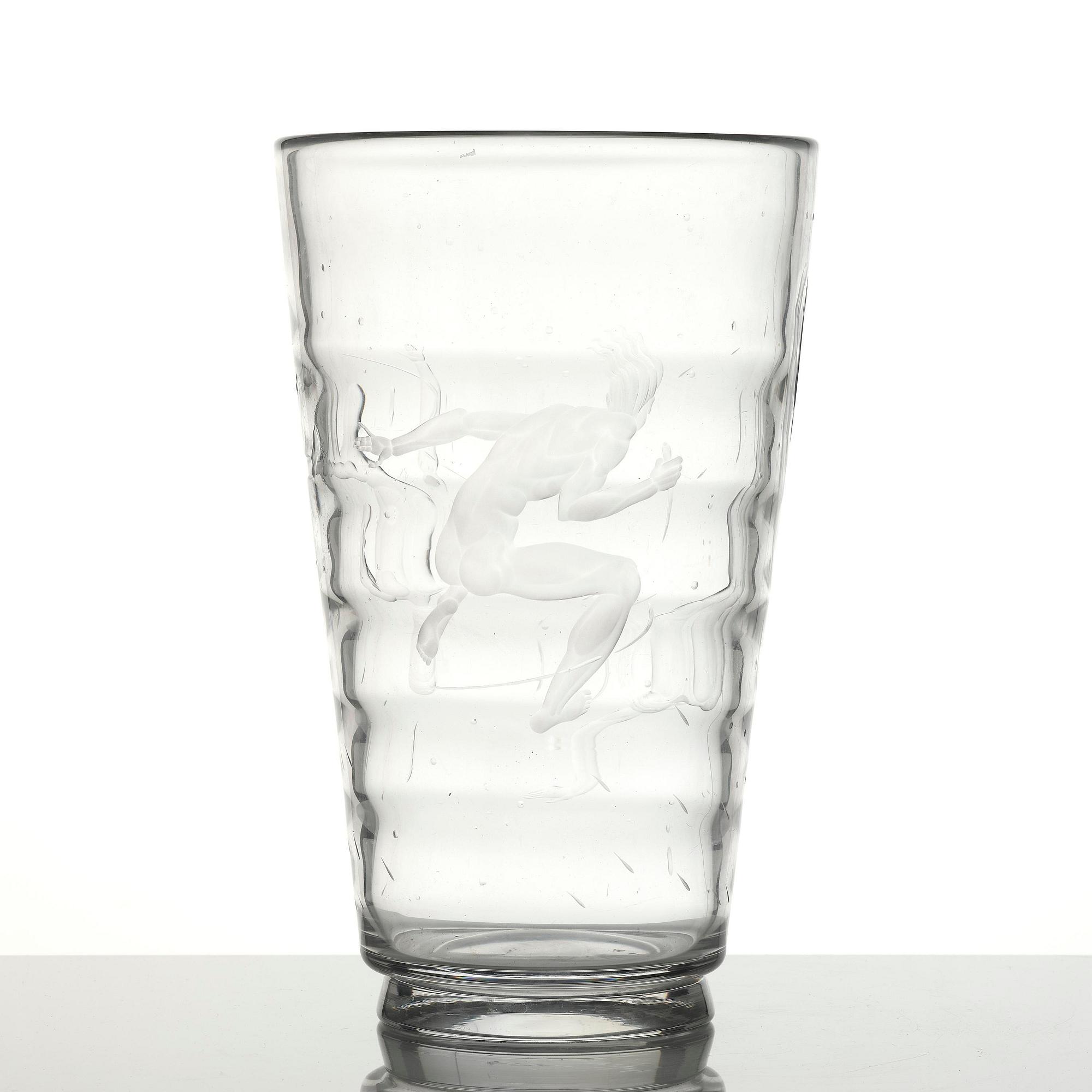Vicke Lindstrand, a "Pärlfiskare" (Pearl Fisher) engraved glass vase, model 1115, Orrefors, Sweden, 1936.