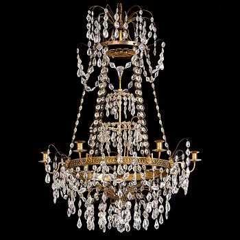 132. A Late gustavian green top glass six light chandelier.