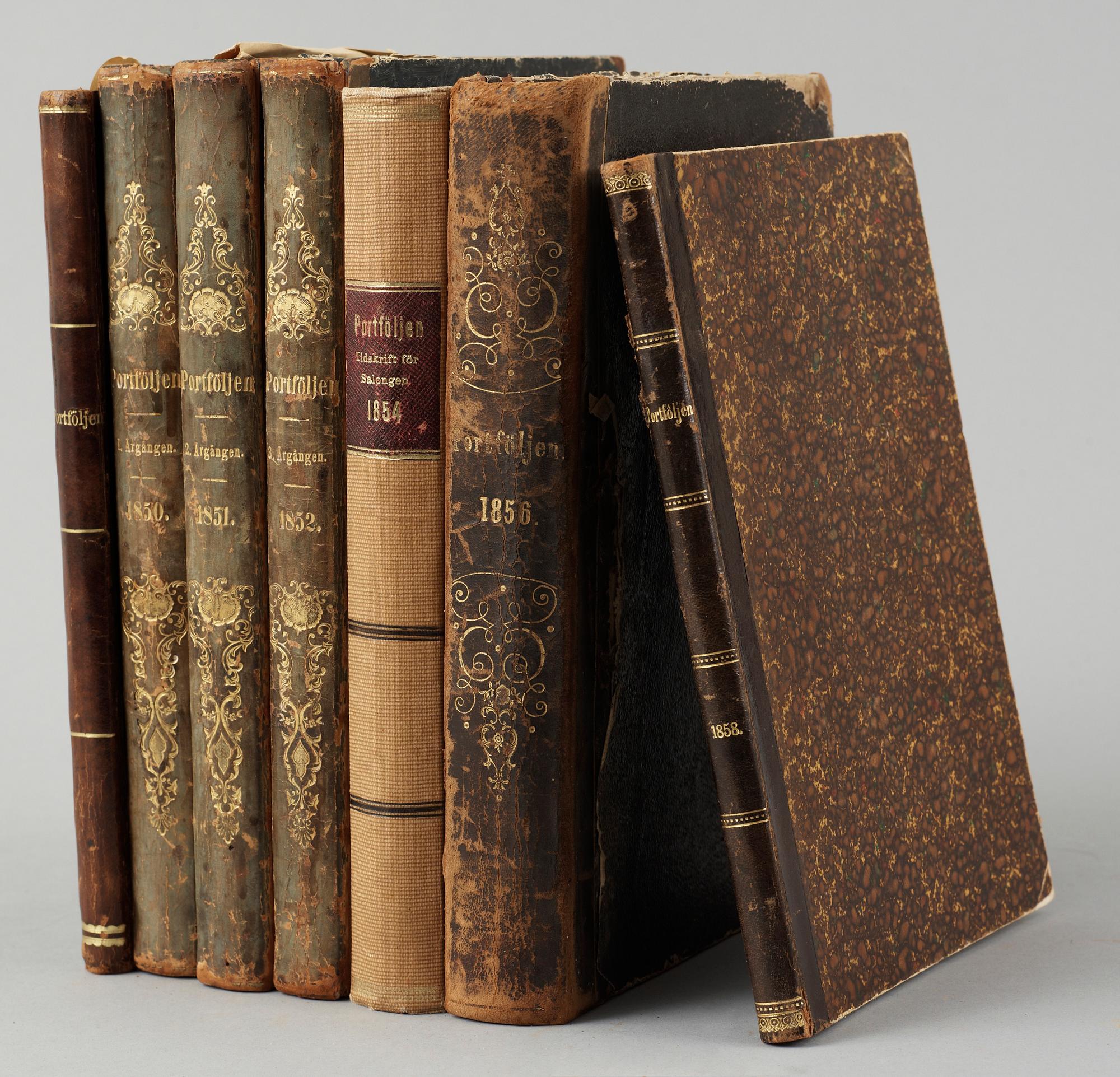 INBUNDEN TIDSKRIFT, 7 vol, "Portföljen...Skillings-Magasin för nytta och nöje", 1849-58.