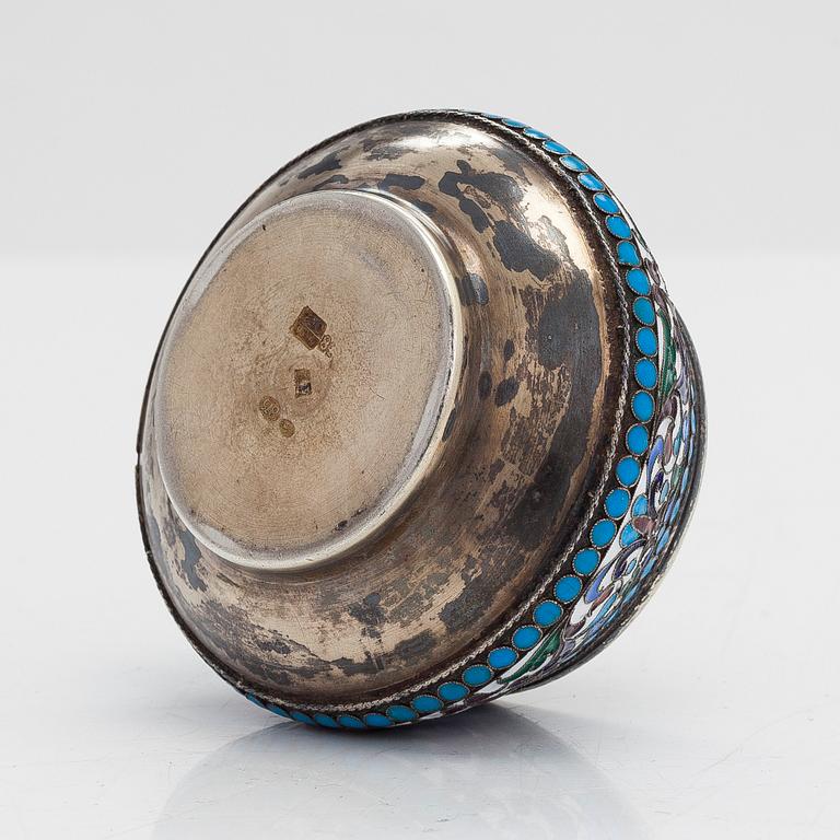 A cloisonné enamel silver gilt salt cellar,  Moscow 1895. Unclear maker's mark.