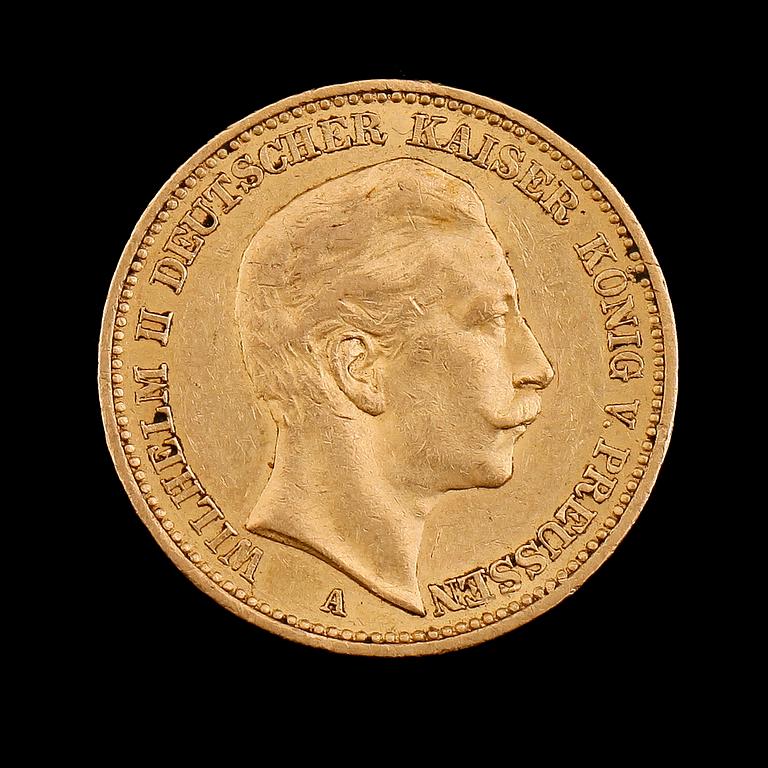 GULDMYNT, 20 mark, Wilhelm II, Tyskland 1890. Vikt ca 8 gram.