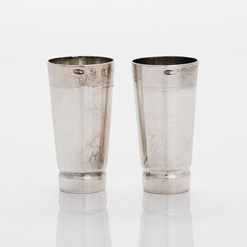 Five silver beakers, maker's mark of  P.J. Silventoinen, and a box, cup and letter opener, Russia, France and Finland.