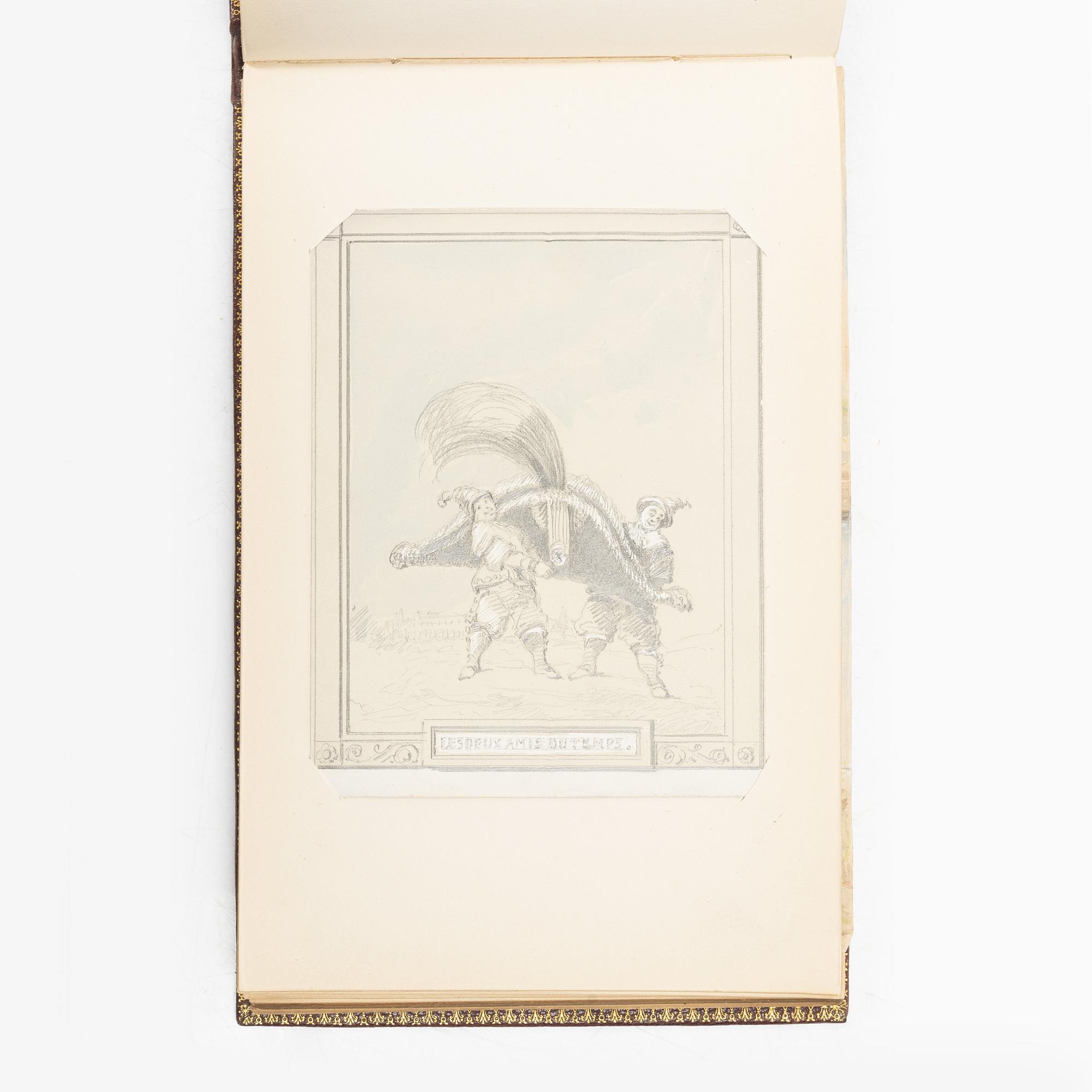 Album with among other things 16 pieces of watercolours and drawings by Swedish artists.