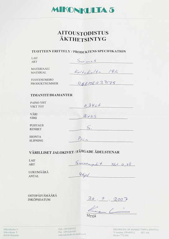 An 18K gold ring, set with emeralds and princess-cut diamonds totalling approx. 0.34 ct. Finnish import hallmarks.