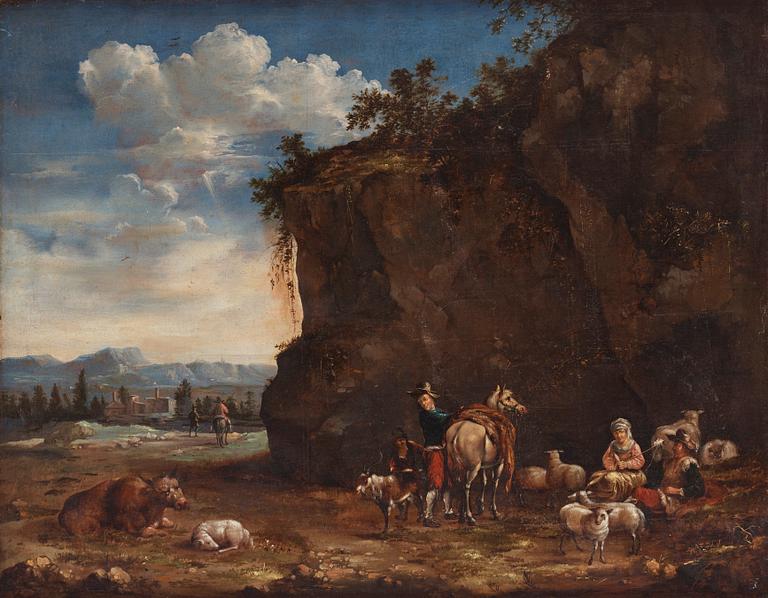 Jan Willemsz. Lapp, hans efterföljd, Arkaiskt landskap med rastande figurer och boskap.