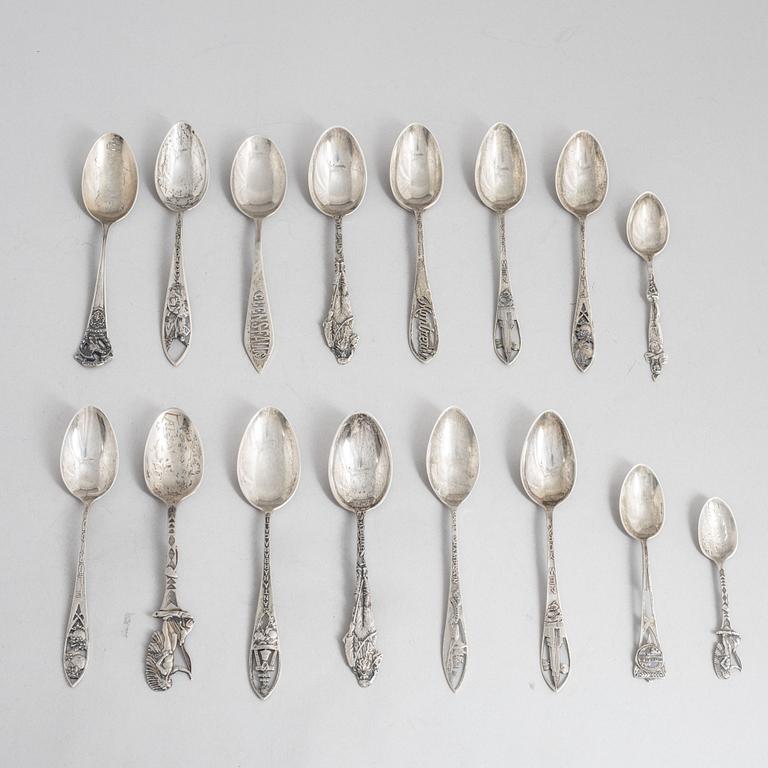 Souvenir spoons, 16 pcs, sterling silver, North America, circa first half/mid 20th Century.