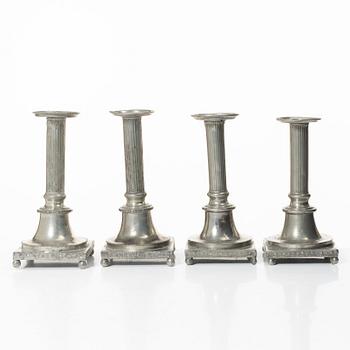 Two pairs of late Gustavian Pewter candlesticks by P. Höijer (Örebro 1796-1819).