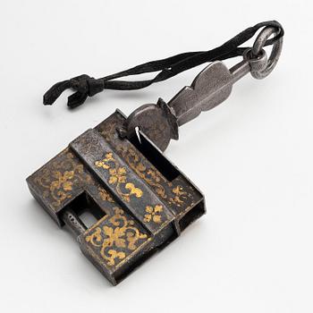 A large iron, silver and gold lock, Tibet, 17th/18th century.