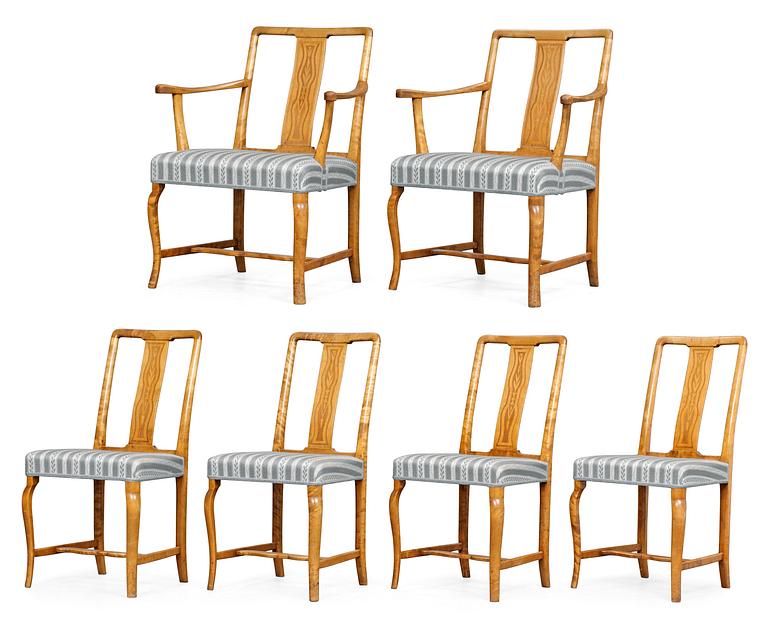 A set of 4 Carl Malmsten birch chairs and 2 armchairs, Nordiska Kompaniet 1920's.